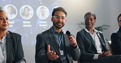 Buy stock photo Seminar, speaker and panel of people on stage for discussion, conference FAQ and presentation. Business summit, innovation expo and men with women with mic for tradeshow, event and convention