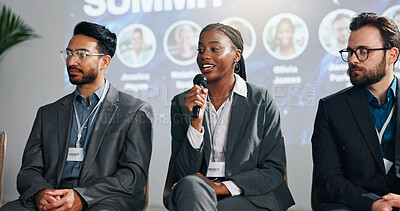 Buy stock photo Summit, speaker and woman with mic, meeting and stage for discussion in training session and speech. Seminar, public speaking and guest with motivation for business people, confident and presentation