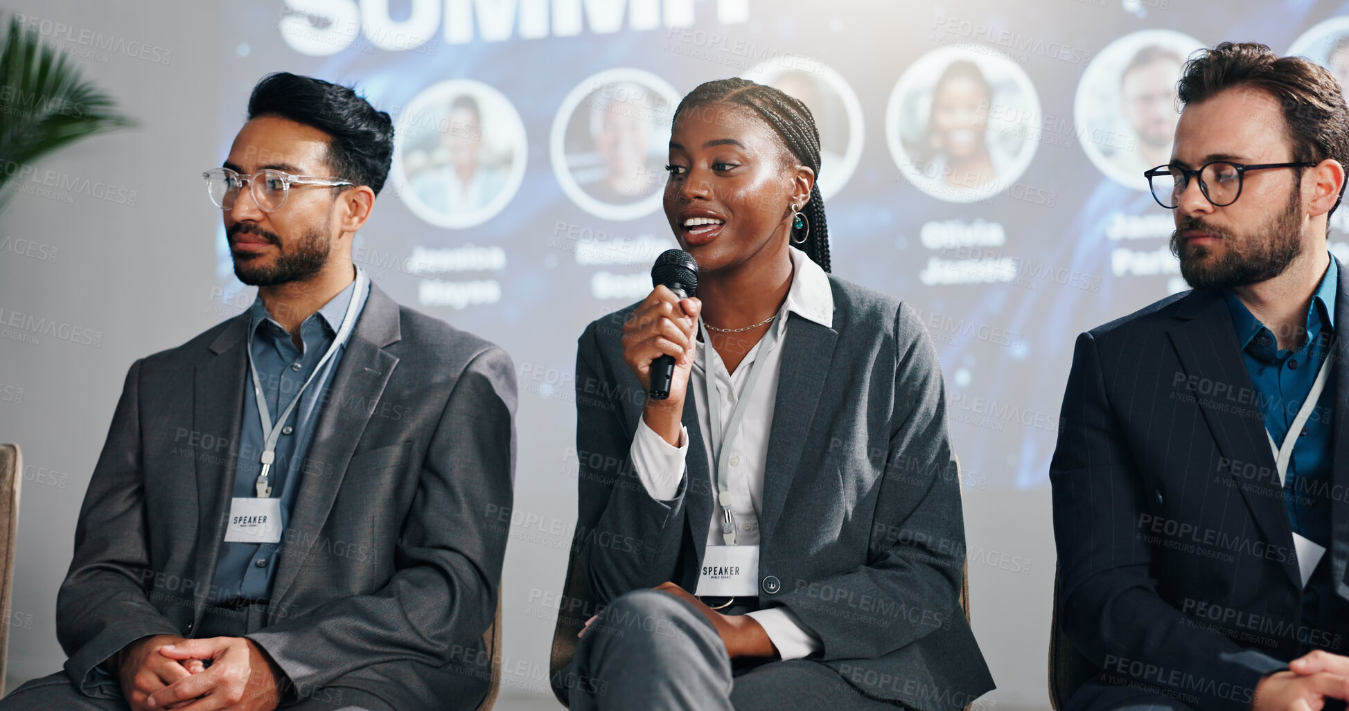 Buy stock photo Summit, speaker and woman with mic, meeting and stage for discussion in training session and speech. Seminar, public speaking and guest with motivation for business people, confident and presentation