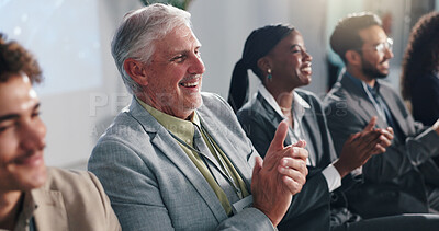 Buy stock photo Conference, happy businessman and applause for success, well done and thank you. Seminar, group and clapping hands for presentation, praise and public speaking with celebration for goal achievement