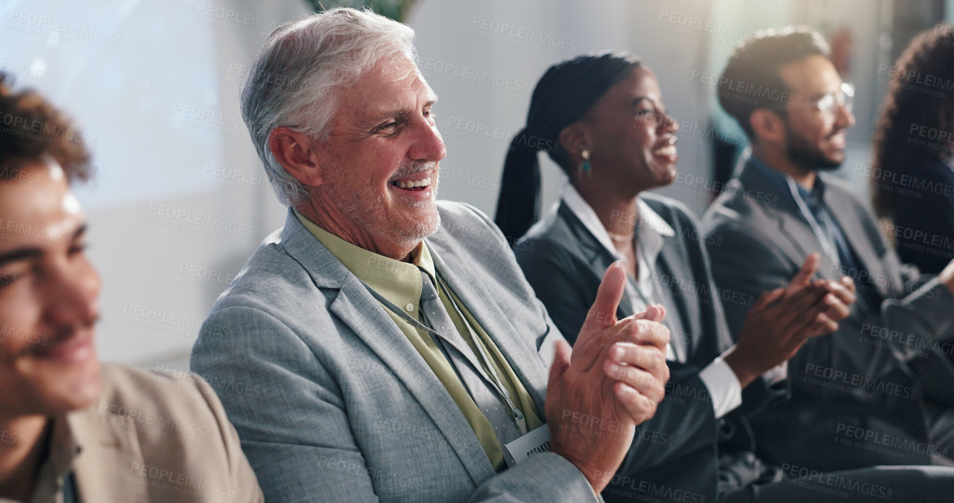 Buy stock photo Conference, happy businessman and applause for success, well done and thank you. Seminar, group and clapping hands for presentation, praise and public speaking with celebration for goal achievement