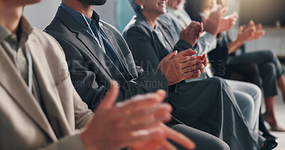 Buy stock photo Business people, meeting and row with applause for presentation, thank you or well done at seminar. Group, employees or audience clapping in line for speech, corporate summit or success at convention