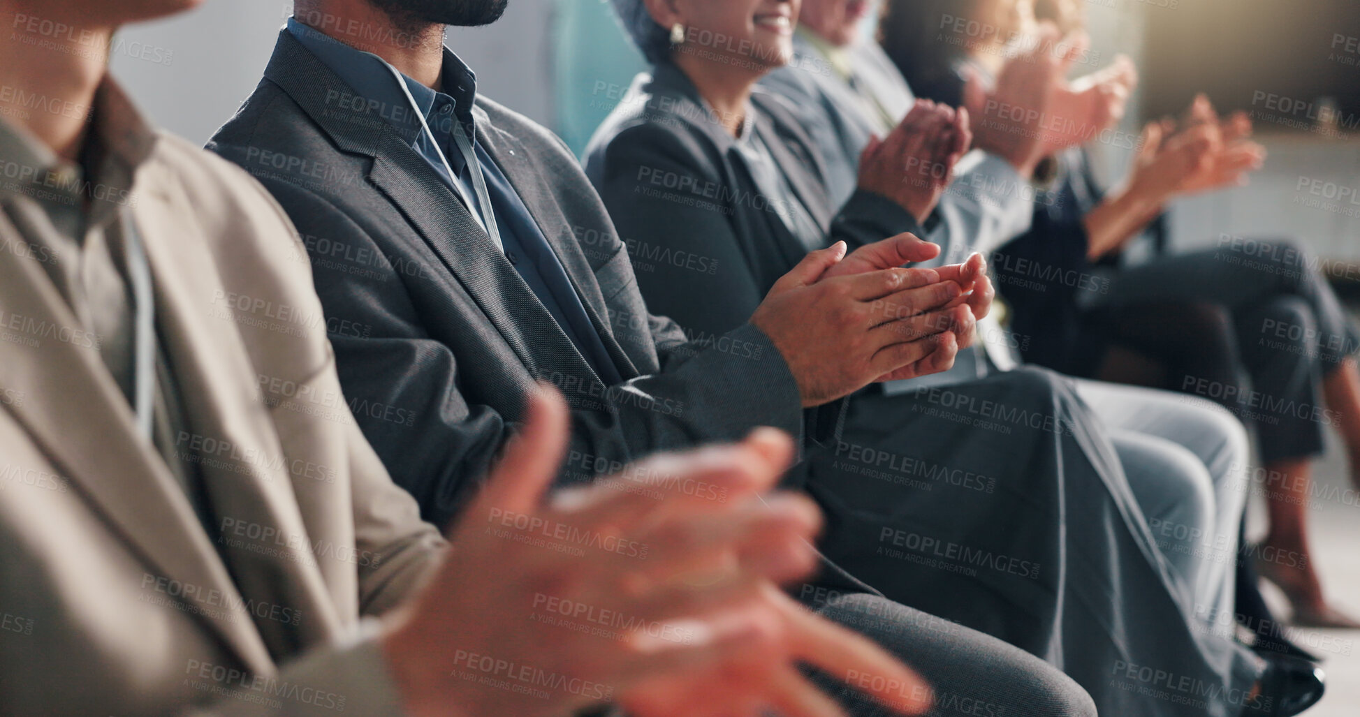 Buy stock photo Business people, meeting and row with applause for presentation, thank you or well done at seminar. Group, employees or audience clapping in line for speech, corporate summit or success at convention