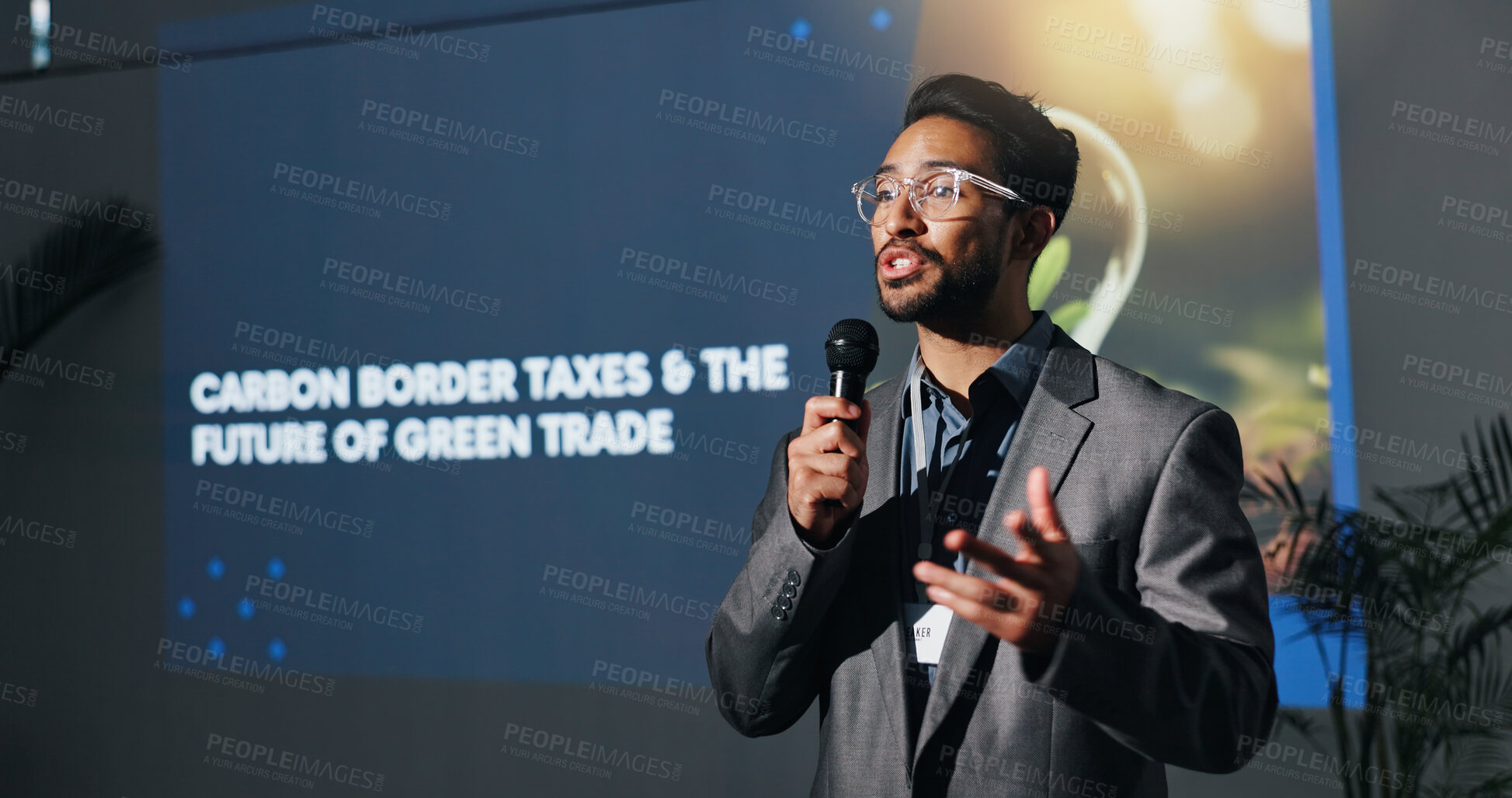 Buy stock photo Man, speaker and talk with at conference for carbon border taxes, green trade and future speech. Person, public speaking and solution for eco friendly tariff, global exchange and ecology supply chain