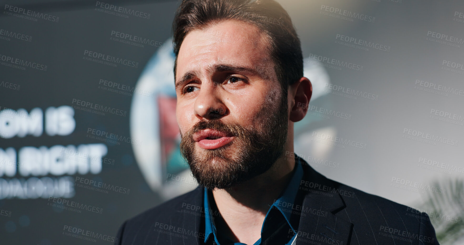 Buy stock photo Man, presentation and talk on conference stage for human rights, freedom and information at event. Person, public speaking and discussion at global convention for equality, accountability or peace