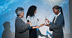 Women, award and happy on conference stage, mic and giving prize for performance at company. Person, staff and trophy at event with thanks, goal and smile for reward with success in finance career