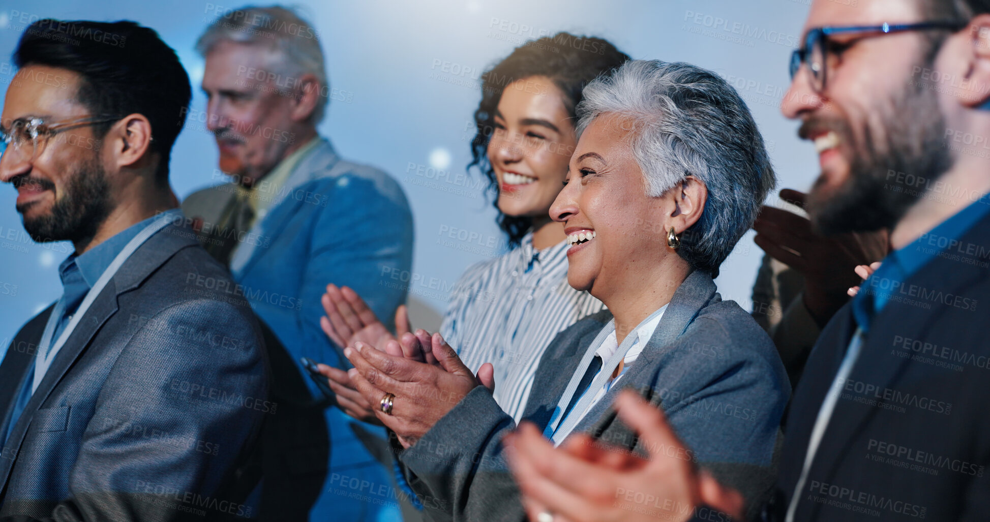 Buy stock photo Business people, applause and crowd with smile, conference and celebration with kpi target. Group, employees and audience in seminar, clapping and success with achievement, event and cheering