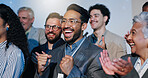 Conference, applause and happy audience at business event for good news, win or promotion. Fist pump, celebrate and people cheering in meeting or convention for success, achievement and crowd