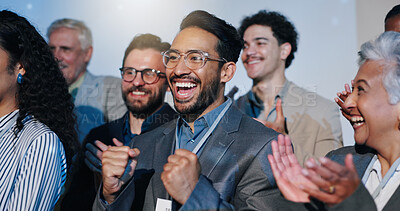 Buy stock photo Conference, applause and happy audience at business event for good news, win or promotion. Fist pump, celebrate and people cheering in meeting or convention for success, achievement and crowd