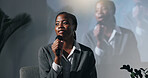 Stage, presenter and woman with mic, talking and smile for public speaking in seminar or discussion. Happy, motivational speaker and black person with advice for entrepreneurship, speech and meeting