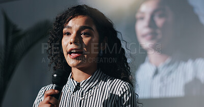 Buy stock photo Stage, presenter and woman with mic, discussion and smile for public speaking in seminar or talking. Confident, motivational speaker and person with advice for entrepreneurship, speech and meeting