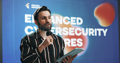 Buy stock photo Businessman, tablet and presentation with mic for seminar or cybersecurity convention at workplace. Man, speaker or presenter talking with technology for online safety measures or awareness campaign