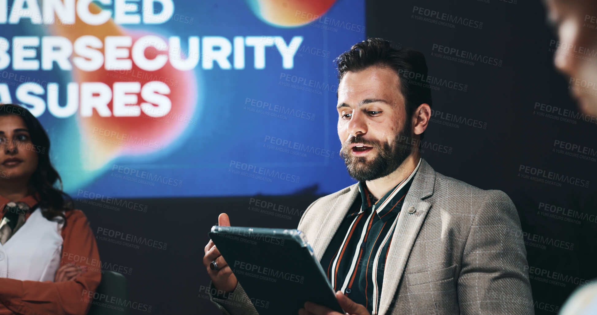 Buy stock photo Tablet, speaker and conference with business man at summit for cybersecurity, panel and expo. Collaboration, data protection and future of technology with employees on stage for seminar and event