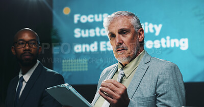 Buy stock photo Seminar, businessman and speech with tablet for presentation, sustainability and financial tips. Conference, audience or mature investor with public speaking for investment, finance or digital report