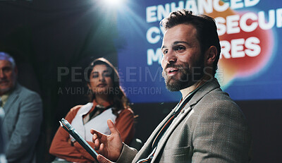 Buy stock photo Tablet, team and conference with business man at summit for cybersecurity, panel and expo. Collaboration, data protection and future of technology with employees on stage for seminar and event