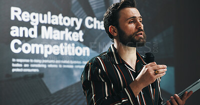 Buy stock photo Businessman, presentation or seminar with tablet or mic for speech or convention at workplace. Man, presenter or speaker with technology screen for online service, tradeshow summit or market analysis