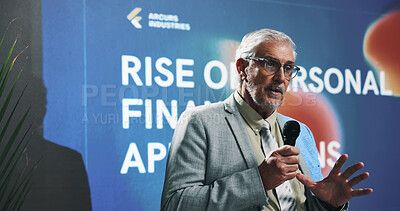Buy stock photo Mature, businessman and presentation with mic for convention or finance advice at seminar. Man, financial advisor or speaker with speech for business tradeshow, corporate workshop or talk at summit