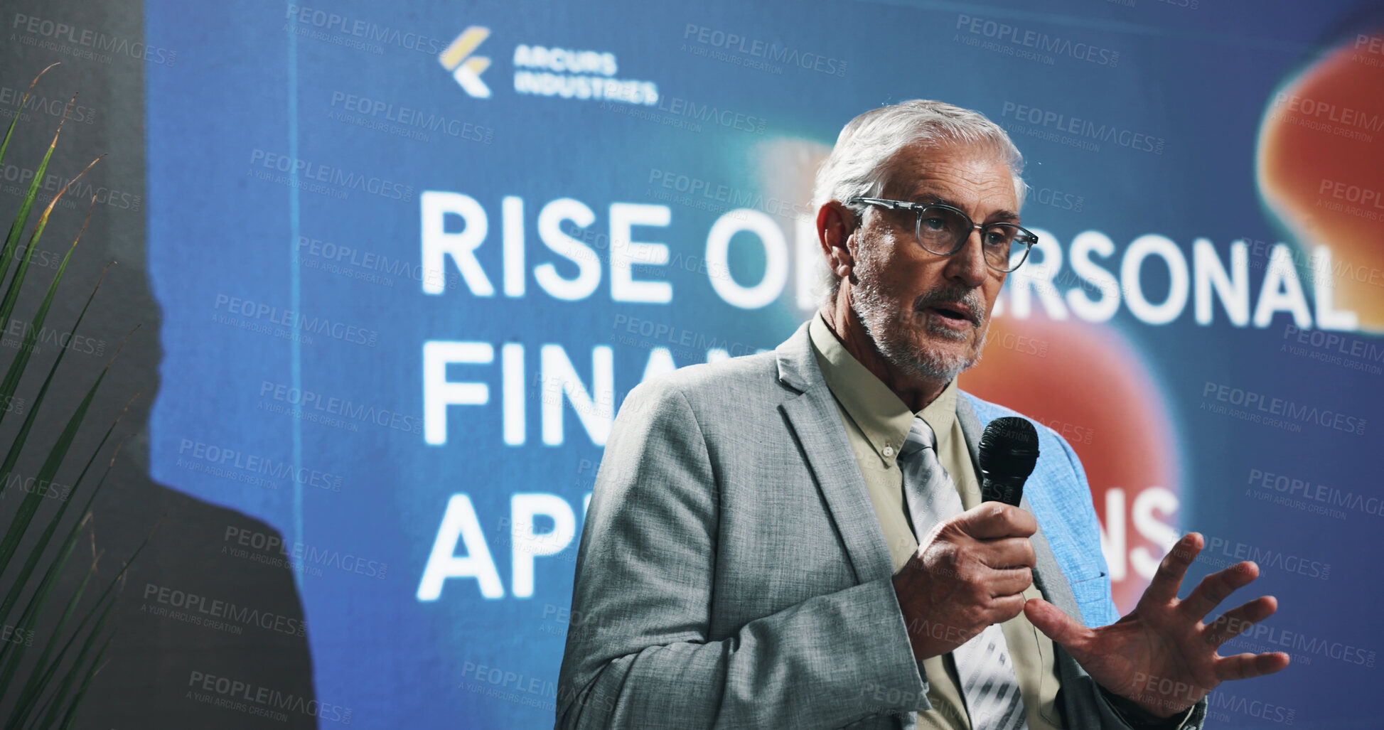 Buy stock photo Mature, businessman and presentation with mic for convention or finance advice at seminar. Man, financial advisor or speaker with speech for business tradeshow, corporate workshop or talk at summit