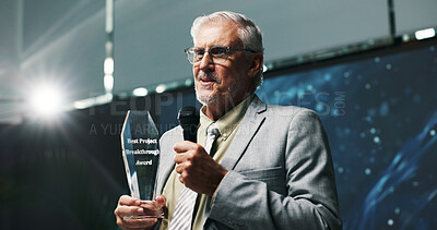 Buy stock photo Businessman, award and mic with speech at seminar for thank you, success or nomination. Mature man, executive or speaker with smile for announcement, trophy or congratulations at reward ceremony