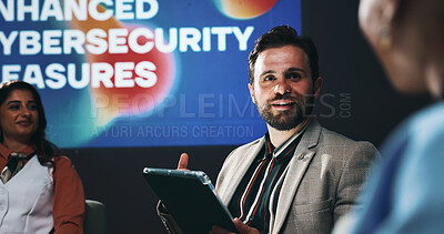Buy stock photo Tablet, seminar and business people on a stage for forum on enhanced cybersecurity measures. Conference, digital technology and team of compliance managers with presentation for policy encryption.