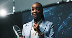 Black woman, award and thank you speech with mic at seminar for business success or nomination. Female person, employee or speaker with smile for announcement, trophy or congratulations at ceremony