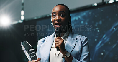 Buy stock photo Black woman, award and thank you speech with mic at seminar for business success or nomination. Female person, employee or speaker with smile for announcement, trophy or congratulations at ceremony