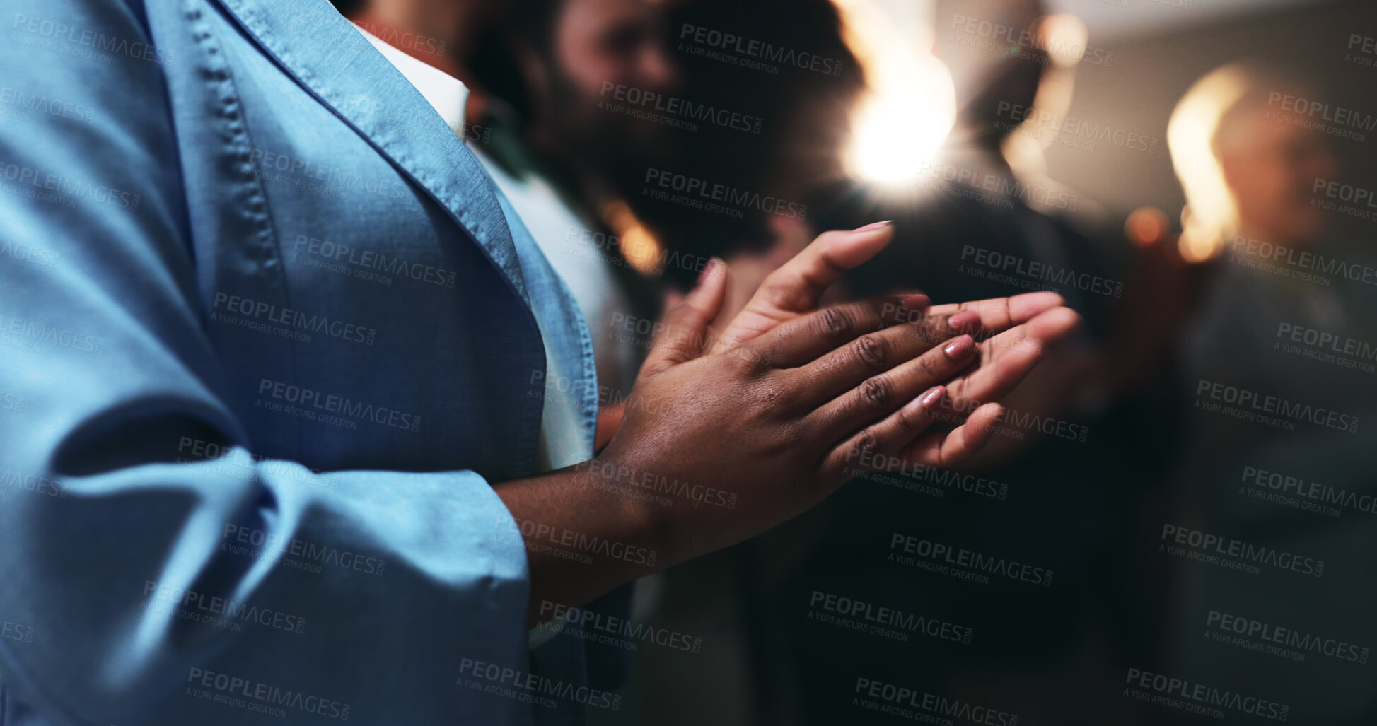 Buy stock photo Group, celebration and applause for workshop, hands and success of training session and achievement. Clapping, business people and accomplishment for audience, event and well done for presentation
