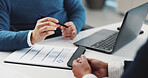 Hands, doctor and patient with document for checkup checklist, medical report and symptoms. People, consultation and laptop with survey form for healthcare notes, chronic history and treatment plan