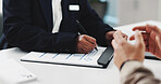Hands, patient and doctor writing on document for medical report, health insurance or prescription. Healthcare, consultation or people in clinic with filling paperwork for treatment plan or checklist