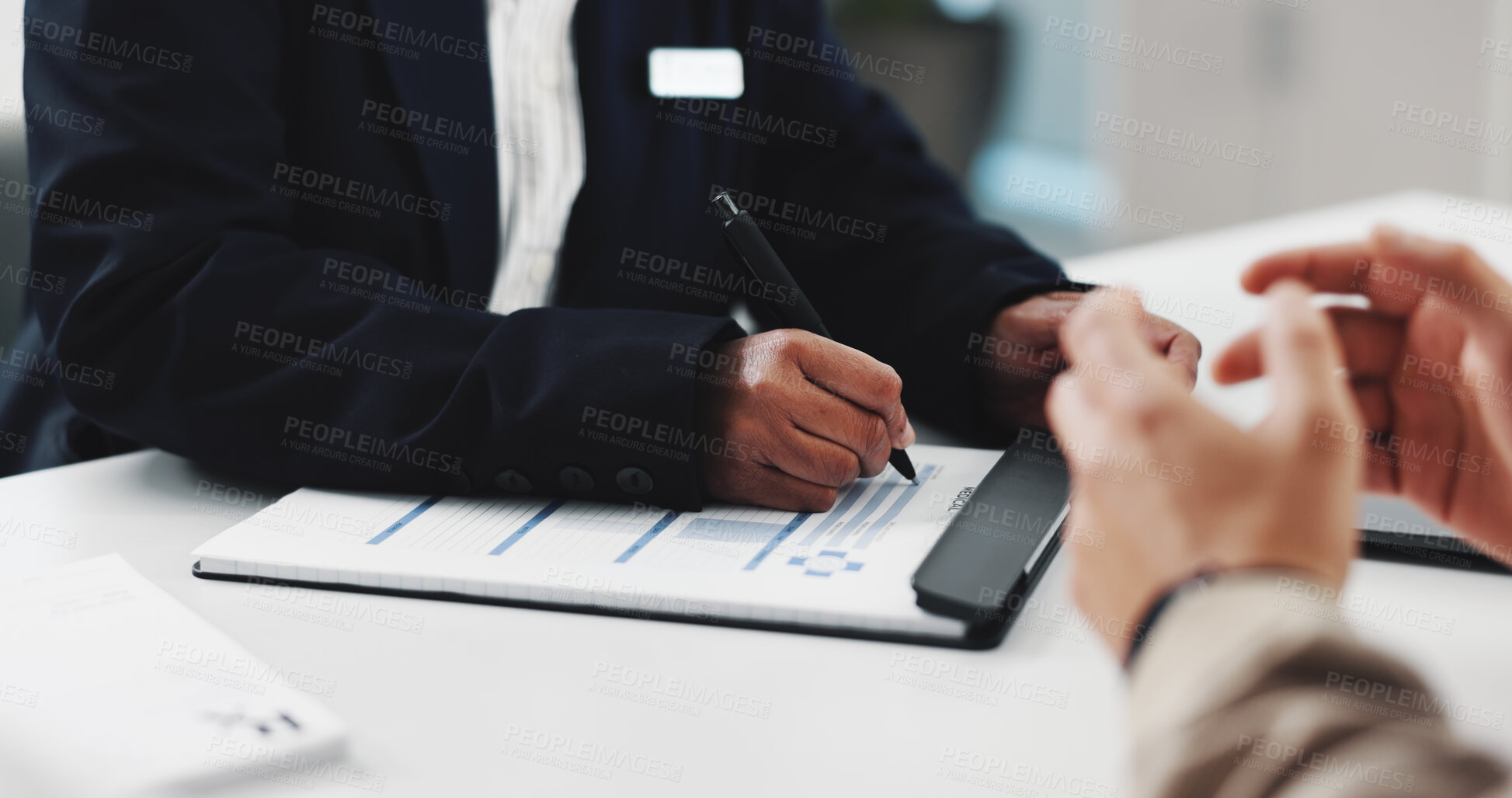 Buy stock photo Hands, patient and doctor writing on document for medical report, health insurance or prescription. Healthcare, consultation or people in clinic with filling paperwork for treatment plan or checklist