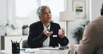 Appointment, consulting or medication with doctor and patient in office for diagnosis or treatment. Advice, healthcare and medical checkup with mature woman in hospital or clinic for prescription