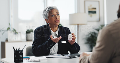 Buy stock photo Appointment, consulting or medication with doctor and patient in office for diagnosis or treatment. Advice, healthcare and medical checkup with mature woman in hospital or clinic for prescription