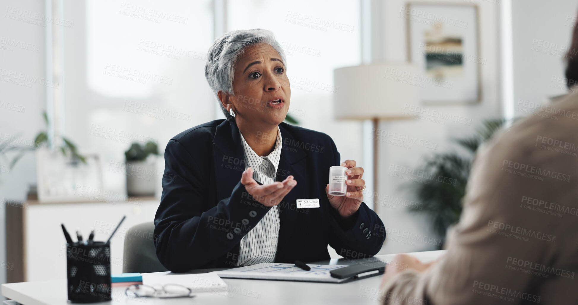 Buy stock photo Appointment, consulting or medication with doctor and patient in office for diagnosis or treatment. Advice, healthcare and medical checkup with mature woman in hospital or clinic for prescription