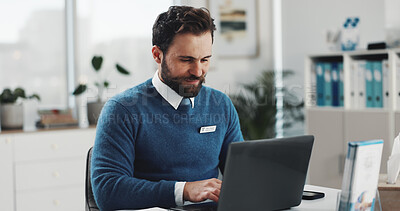 Buy stock photo Laptop, medical and typing with doctor in office for research or review of patient information. Computer, healthcare and insurance with man at desk in clinic for agenda, appointment or schedule