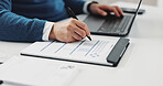 Doctor, laptop and hands writing on document for medical admin, health report and prescription. Professional, person and healthcare form in clinic for filling paperwork, treatment plan and insurance