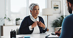 Appointment, consulting or medical with doctor and patient in office for diagnosis or treatment. Advice, healthcare and symptoms with mature woman in hospital or clinic for assessment or checkup