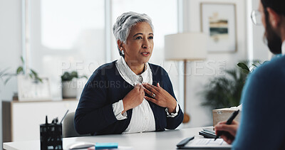 Buy stock photo Appointment, consulting and medical doctor with patient in office for diagnosis or treatment. Advice, healthcare and symptoms with mature woman in hospital or clinic for assessment or checkup