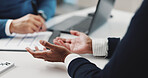 Hands, patient or doctor with consultation in clinic for medical history, health report or checkup. Healthcare, appointment or people with filling paperwork for treatment plan, advice or prescription