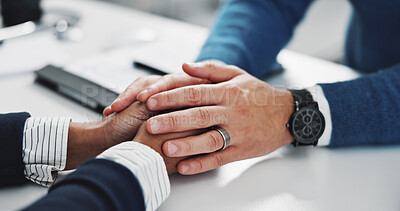 Buy stock photo Doctor, patient and holding hands for comfort of bad news, diagnosis and treatment advice. Medical worker, support and consoling person with terminal illness, recovery problem and healthcare services