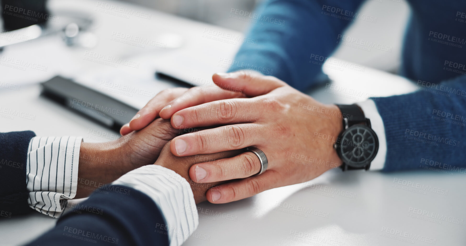Buy stock photo Doctor, patient and holding hands for comfort of bad news, diagnosis and treatment advice. Medical worker, support and consoling person with terminal illness, recovery problem and healthcare services