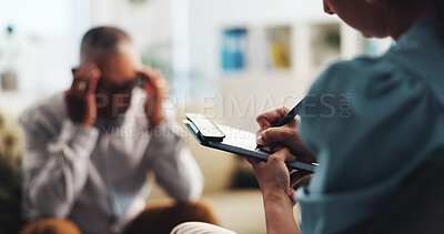 Buy stock photo Therapist, hands and writing notes for patient, consulting and support with grief at clinic. People, psychologist and counselling for mental health, anxiety and checklist with caregiver advice