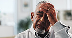 Stress, headache and mature man in home with burnout, worry or fatigue frustrated in retirement. Depression anxiety, and tired elderly person with fear, crisis or migraine with pain or pressure