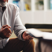 Therapist, hands and mature patient for notes, consulting and support ...
