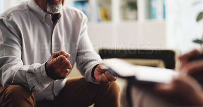 Buy stock photo Therapist, hands and mature patient for notes, consulting and support with grief at clinic. People, psychologist and counselling for mental health, anxiety and writing checklist with caregiver advice