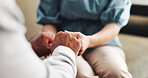 Holding hands, empathy and psychologist with patient, mental health and trust with trauma or office. Clinic, people and support for client with depression, consultation and therapist with sympathy