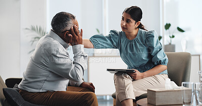 Buy stock photo Office, psychologist and comfort for man, mental health or empathy for elderly patient with anxiety. Counselling, senior client and woman with kindness for old person, communication and appointment