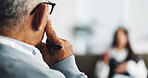 Office, psychologist and listening to client, people or helping for symptoms of depression or space. Back, therapist and observation of patient in clinic, appointment or counselling for mental health