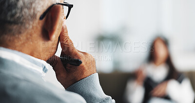 Buy stock photo Office, psychologist and listening to client, people or helping for symptoms of depression or space. Back, therapist and observation of patient in clinic, appointment or counselling for mental health