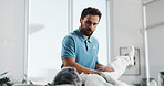 Leg, stretching and physiotherapy with man in office for consulting, healthcare and rehabilitation. Muscle recovery, medical and support with senior patient in clinic for physical therapy and advice