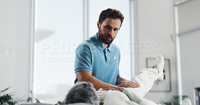 Buy stock photo Leg, stretching and physiotherapy with man in office for consulting, healthcare and rehabilitation. Muscle recovery, medical and support with senior patient in clinic for physical therapy and advice